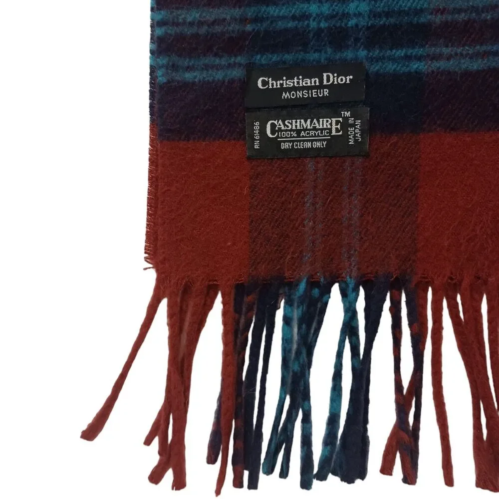 Christian Dior Cashmaire SCARF 47”x11” Red Black Plaid Tartan Monsieur was$490